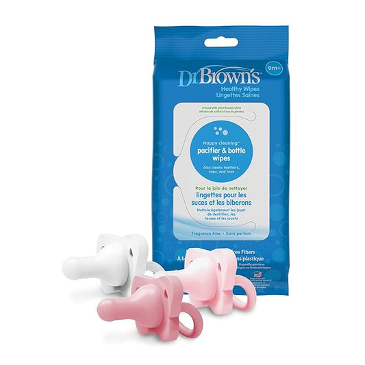 Dr. Brown's HappyPaci 100% Silicone Pacifier 0-6m, BPA Free, White, Pink, Light Pink, 3 Pack and Pacifier and Bottle Wipes, 40 Count
