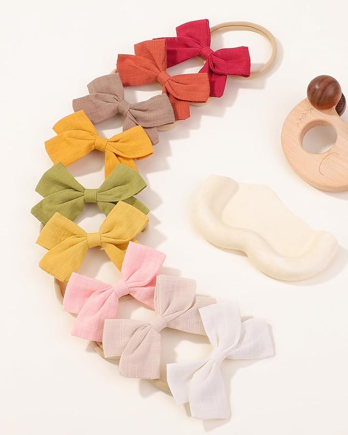 jollybows 40pcs Baby Girls Nylon Hair Bows Headbands Linen Hair Bands Elastic Hair Accessories for Kids Infants Newborn (4-40 PCS Solid Linen)