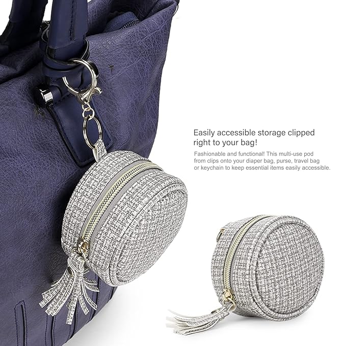 MOMIGO Pacifier Case Bag - Leather Pacifier Holder with Clip for Diaper Bag Stroller Purse Charm, Holds 2 Pacifiers Outdoor Travel (Weave Grey)