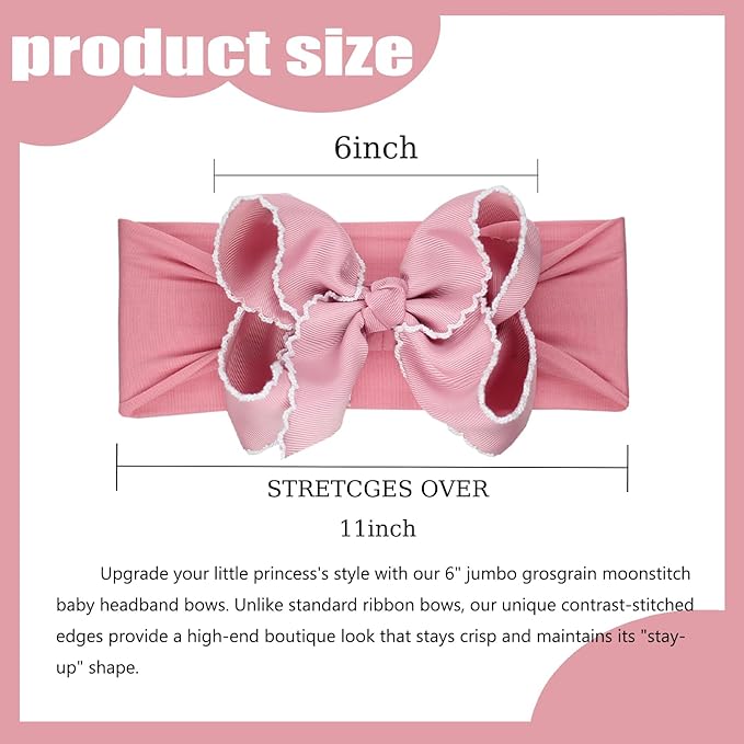 6'' Jumbo Blush Pink Baby Girls Bow Headbands, Handmade Grosgrain Moonstitch Boutique Baby Headwraps, Super Stretchy Soft Nylon Headbands for Newborns, Infants & Toddlers