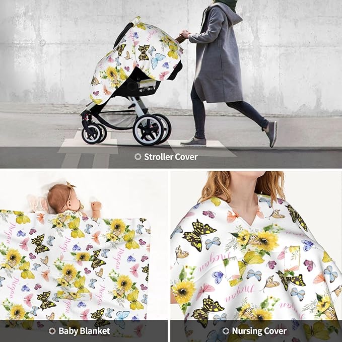 Personalized Baby Car Seat Canopy for Baby Girls, Custom Name Sunflower Butterfly Baby Car Seat Covers for Babies, Opening Minky Nursing Breastfeeding Cover for Infant, Carseat Canopies for Newborn