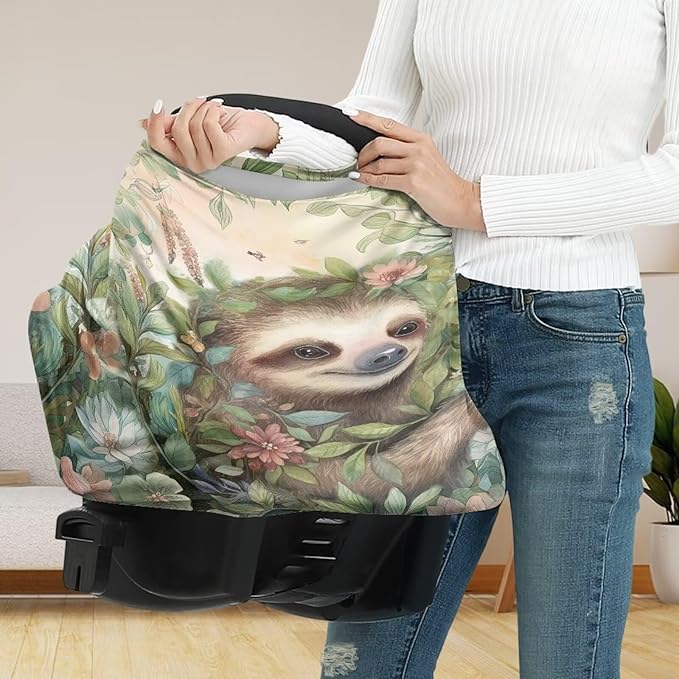 Wanyint Sloth Leaf Retro Baby Car Seat Covers, Carseat Canopy for Babies Boys Girls Multi-Use Nursing Breastfeeding Covers Nursing Scarf, Gift for Mothers