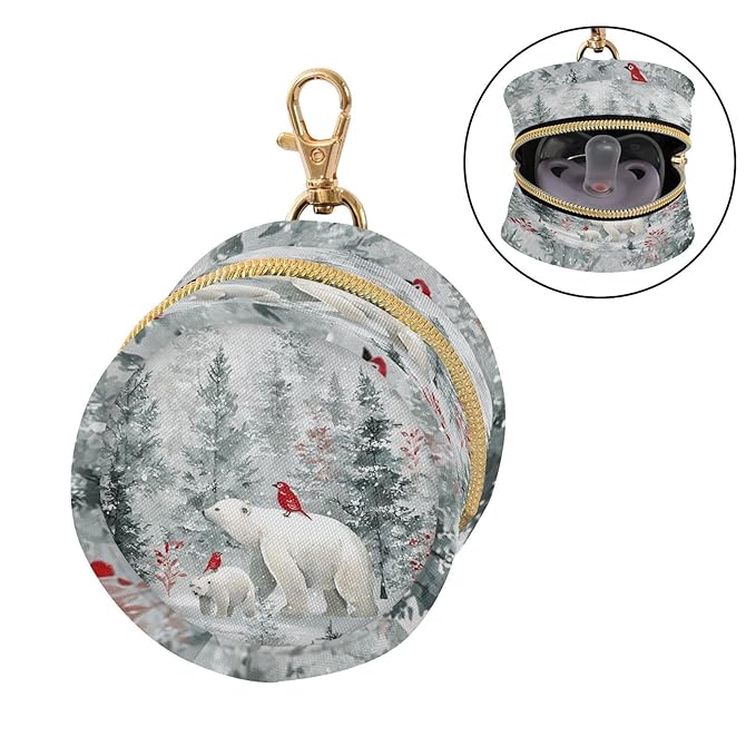 Pacifier Holder with Clip Pacifier Case for Diaper Bag Round Baby Pacifier Pouch Box Bag Portable Pine Forests Bears Birds Grey