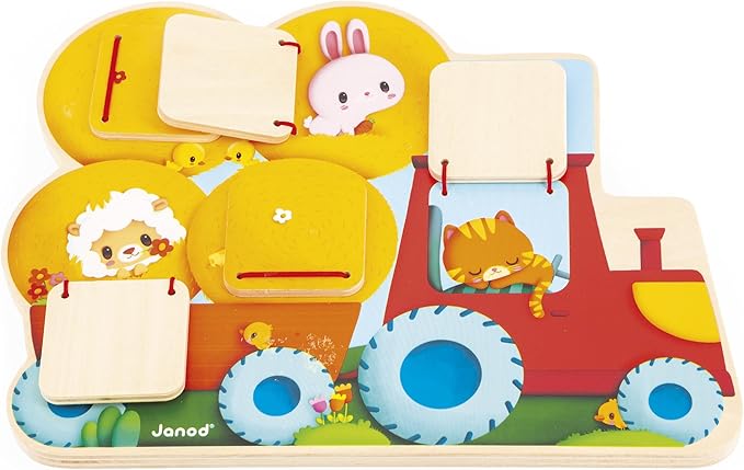 Janod - Farm Puzzle (Yellow) - Child Development - Dexterity Development - Tactile Learning Experience - Easy Grip Design for Little Hands - Animal Recognition Fun - Durable Wooden Construction