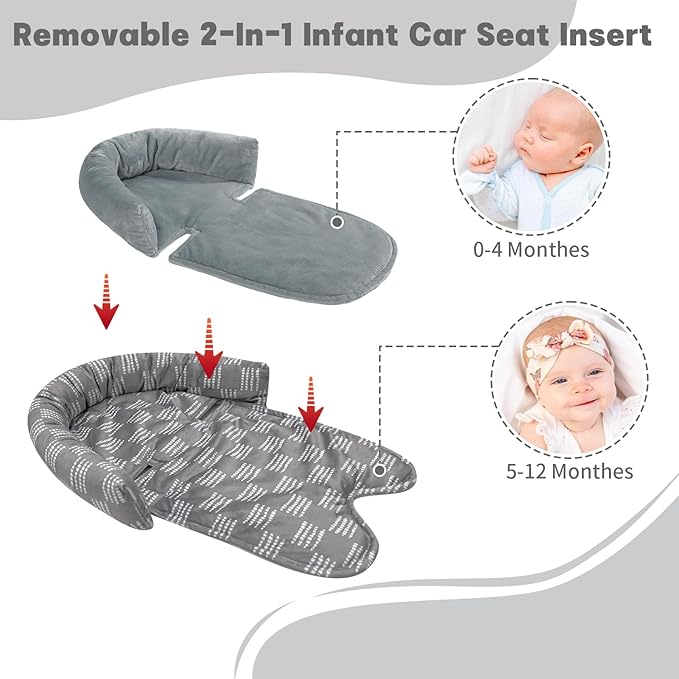 Infant Car Seat Insert, Baby Car Seat Head & Body Support with 2 Strap Pads, Ultra Soft Newborn Preemie Carseat Insert Cushion for Girls Boys, Fits Car Seat, Stroller, Swing, Bouncer, Gray
