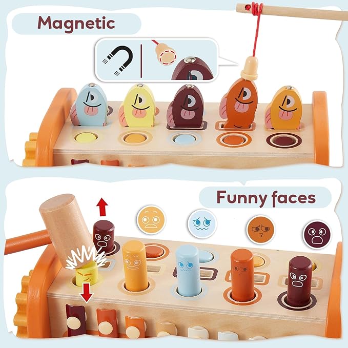 HYAKIDS Wooden Montessori Hammering Toy, 6 in 1 Baby Pounding Bench, Xylophone, Whack a mole, Learning Educational Toys, Gifts for 18+ Months Boys Girls