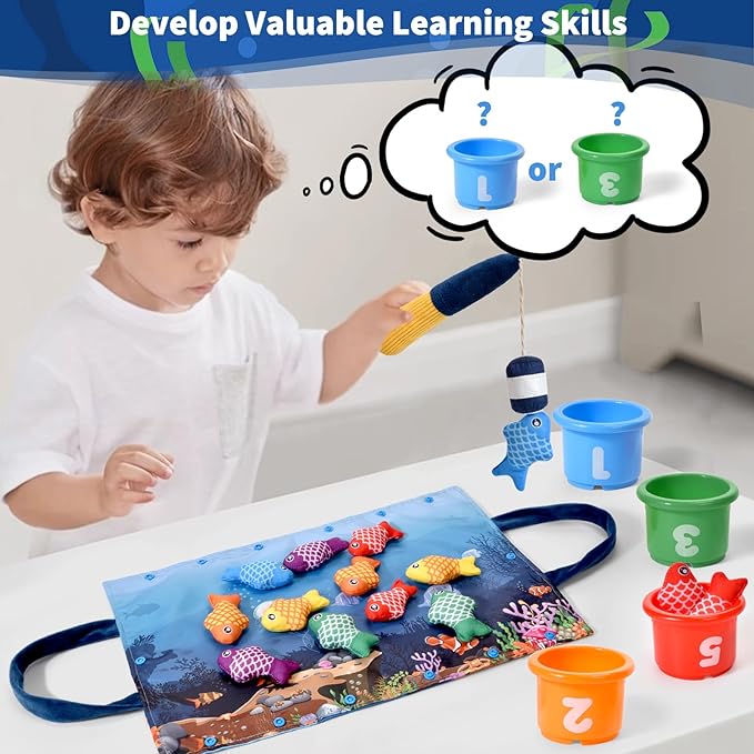 Montessori Toys for 1 Year Old - 20PCS Cloth Toddler Fishing Game with Stacking Cups,Baby Color Sorting Toy 12-18 Months One Year Old Birthday Gift,Best Easter Gifts for 1-3 Year Olds (Blue)