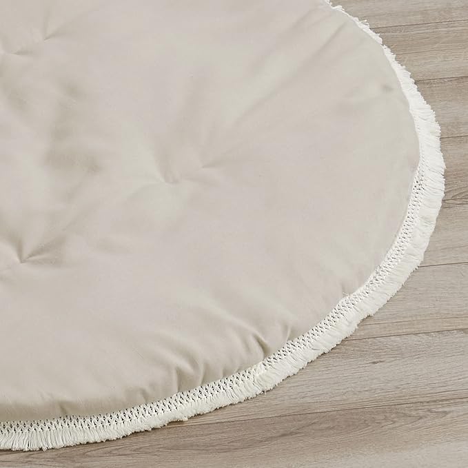 Sweet Jojo Designs Boho Bohemian Boy Girl Baby Playmat Tummy Time Infant Play Mat - Solid Taupe Beige Ivory Cream Off White Linen Farmhouse Shabby Chic Designer Modern Minimalist Tassel Neutral Unisex