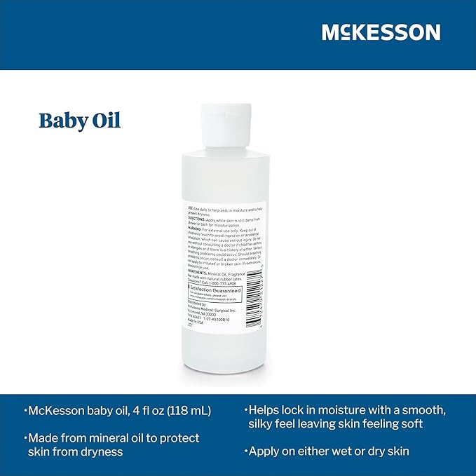 McKesson Baby Oil for Dry Sensitive Skin, Scented Mineral Oil to Prevent Moisture Loss, 4 oz, 96 Count