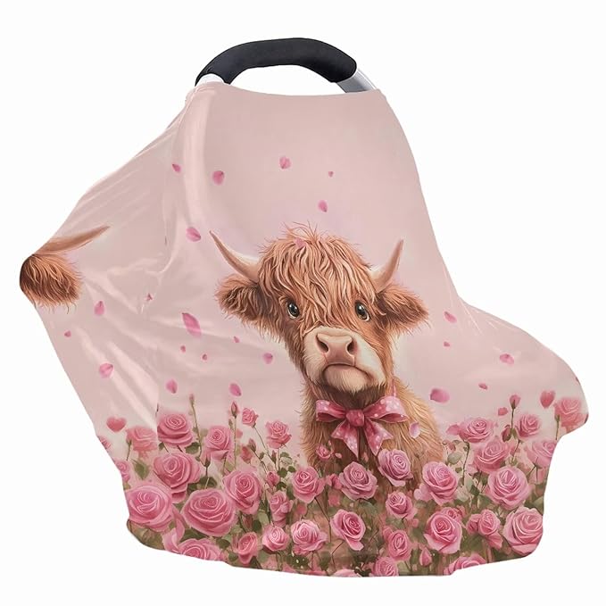 Wanyint Car Seat Covers for Babies Girls Boys, Stretchy Carseat Canopy Soft Baby Breastfeeding Nursing Scarf Infant Stroller Cover for Valentine's Day, Highland Cow Rose Pink