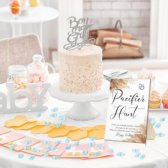 Roowest 51 Pcs Pacifier Hunt BabyShower Games Include Wooden Hunt Sign and 50 Acrylic Mini Plastic Pacifiers for BabyShower Game Decoration Gift Sets Gender Reveal Party