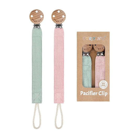 TYRY.HU Ribbon Pacifier Clip Holder,2 Pack Binky Paci Holder Clips, Pacifier Leash for Baby Boys and Girls, Fabric Pacifier Strap Universal Fits for Most Pacifier, Styles & Teethers Toys(Green,Pink)