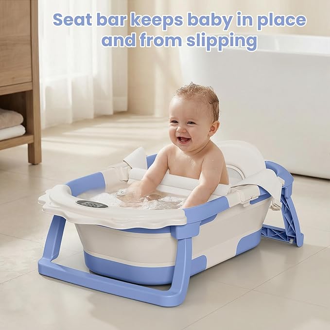 TPN 4-in-1 Grow-with-Me Collapsible Baby Bathtub, Baby Tub for Newborns to Toddler with Soft Floating Cushion & Thermometer, Portable Baby Bath Tub, Infant Bathtub for Bath Support in Tub,Blue