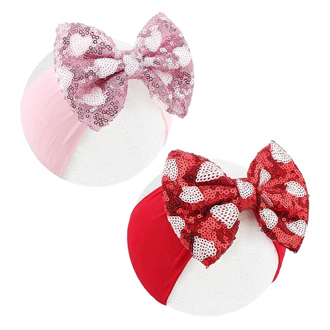 Heart Baby Bow Headbands Sequin Bows Red Pink Glitter Hair Bow for Girls Toddler Red Pink Baby Headband Bows 6-12 Months