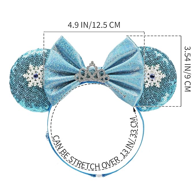 Adjustable Mouse Ears Headband with Crown, Ice Queen Elastic Hair Bow Hairband for Baby Girls Toddlers Teens