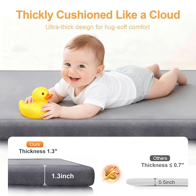 Ultra Soft Baby Play Mat for Floor, 59"×79" Playpen Mat, 1.3" Thick Memory Foam, Non-Slip Tummy Time Mat for Infants, Toddlers, and Kids – Water-Repellent Coral Velvet, Easy Care