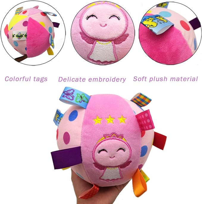 Baby Colorful Tag Ball - Soft Plush Rattle Ball Toy for Early Educational, Stuffed Animal Multi Sensory Toy for Baby Kids Toddlers Infants, Ribbon Tag Ball