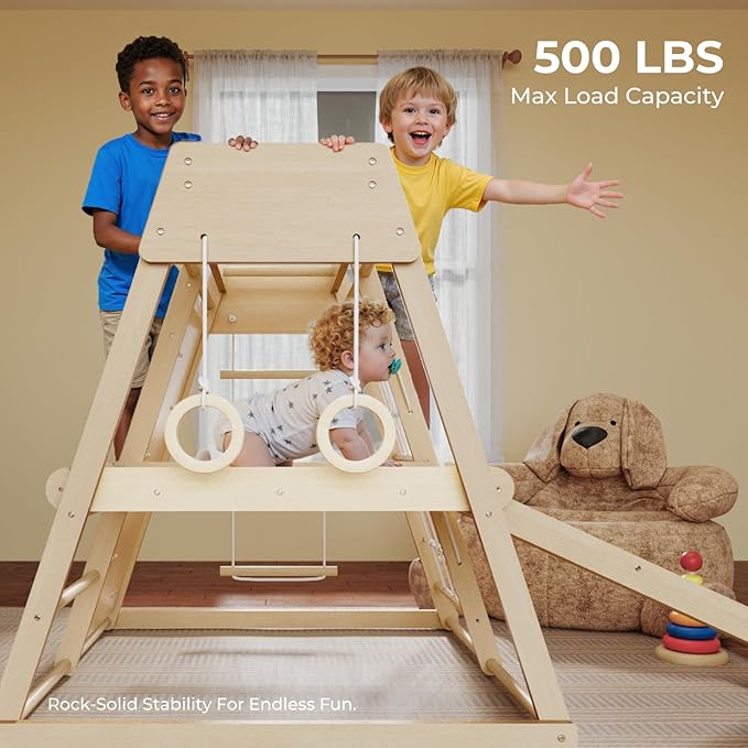 Indoor Jungle Gym for Toddlers Ages 1-4, Wooden Montessori Climber Playset w/Slide, Climbing Net, Monkey Bars, Rope Ladder- Indoor Playground Birthday Gift