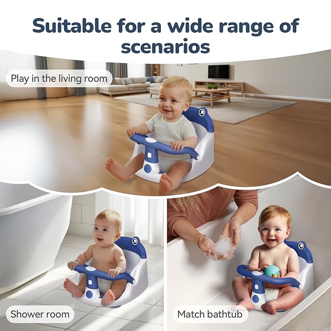 Baby Bath Seat for Babies 6 Months & Up - One-Handed Snap-On Armrest Baby Bath Chair | 4 Suction Cup Non-Slip Baby Bathtub Seat with Storage Bag | Ergonomic Infant Bath Seats for Baby Sitting Up Blue