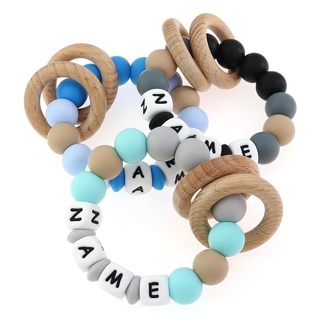 Personalized Baby Teether Rattle Rings, Colorful Styles, Custom Stylish Baby Accessories (Grey)