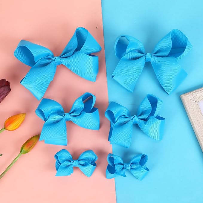 Sky Blue Bows for Girls,6PCS Hand-made Grosgrain Ribbon Hair Bows Alligator Clips Hair Accessories for Little Teen Toddler Girls Kids (Sky Blue)