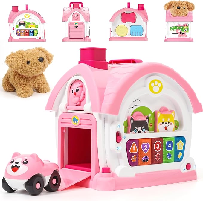Montessori Toddler Toys for 1 Year Old Girl Gifts, Pretend Play Puppy Toy Music Learning House with Car for Toddlers 1-3, 1st First Birthday Gifts for Girls and Boys Baby Toy 6-12 12-18 6-24 Months