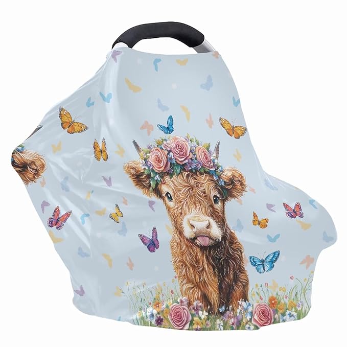 Wanyint Highland Cow Butterfly Blue Infant Car Seat Cover, Baby Carseat Scarf Stretchy Nursing Scarf Car Seat Canopy Breathable Nursing Cover for Boys Girls
