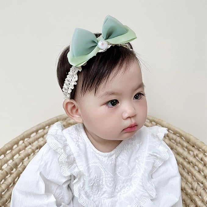 Bow Lace Headbands for Baby Girls Soft Tulle Ribbon Pearl Head Wrap Elastic Bow-knot Hair Band Shower Birthday Hair Accessory for Newborn Infant Toddler (Green C, Elastic)