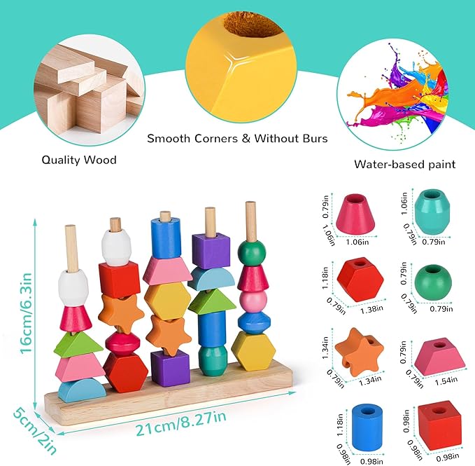 Montessori Bead Sequencing Toy Set, Wooden Stacking Blocks & Lacing Beads & Matching Shape Colors Stacker, Montessori Toys for 2 3 4 5 Year Old, Toddlers Preschool Learning Fine Motor Skills Toys