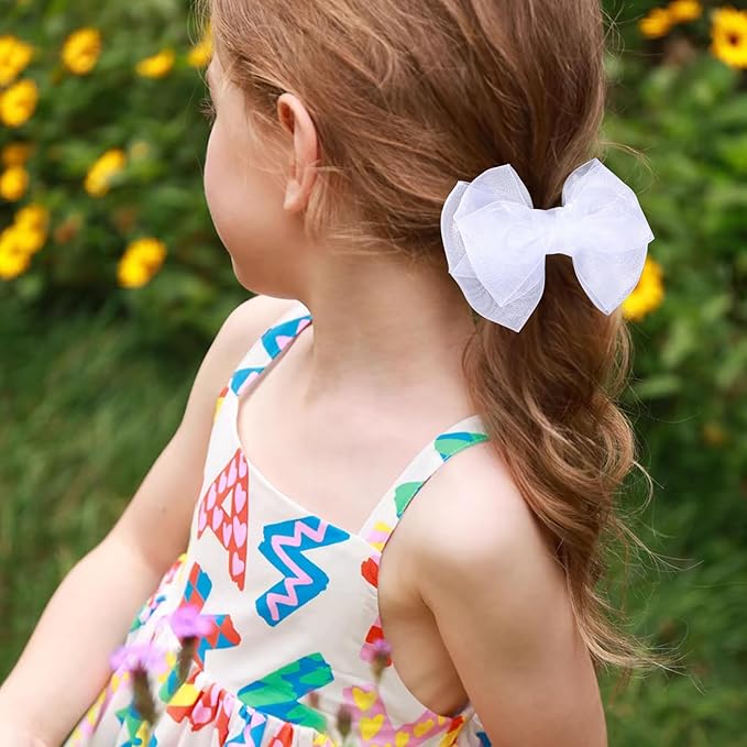 Mesh Hair Bows Clip White 4" Organza Double Tulle Bow Barrettes Alligator Pins for Teens Toddler Flower Girls Wedding Pageant Communion Birthday Party Dress Decorative Accessories