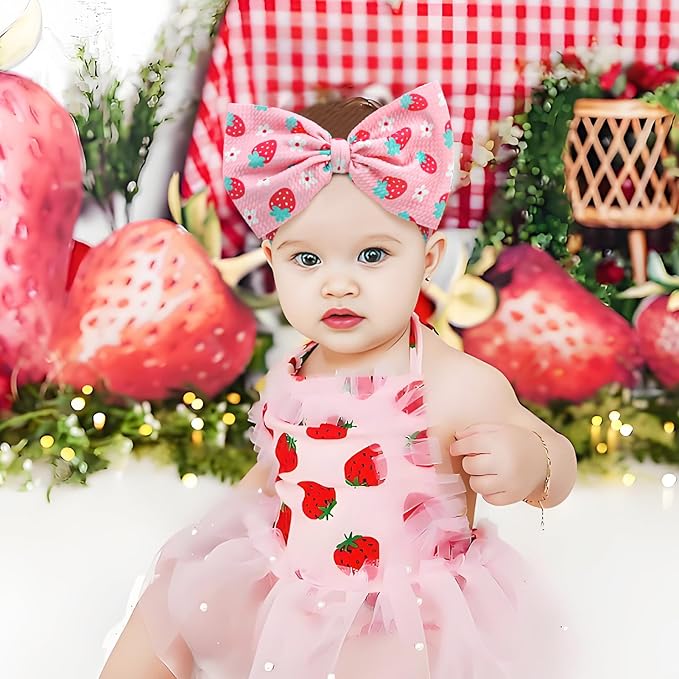 YanJie 7’’ Strawberry Baby Bow for Girl Pink Headbands for Newborn Infant Toddlers Summer Outfits for Baby Girls Daisy Hair Accessories Hair Bows