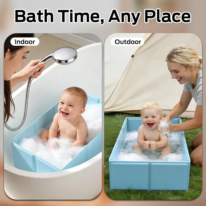 Collapsible Baby Bathtub, Foldable Infant Bath Tub with Non-Slip Base, Portable Travel Baby Bath for Newborns & Toddlers Indoor Outdoor Use, Baby Shower Gift, Blue
