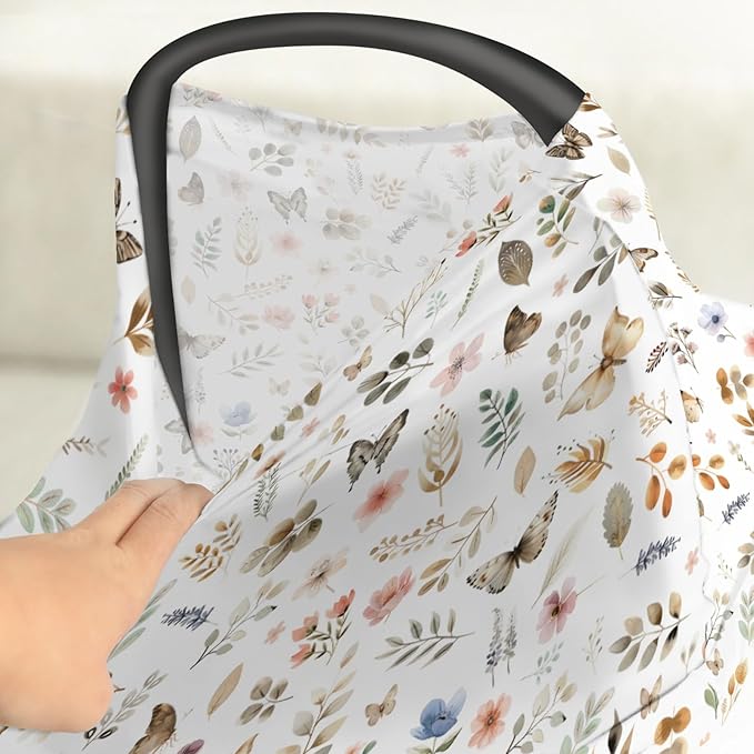 Botanic Gardens Baby Car Seat Covers Beige Floral Butterflies Stretchy 5-in-1 Cover Boho Spring Wildflowers Leaves Adjustable Infant Carseat Canopy Cover Breathable Nursing Cover-Up
