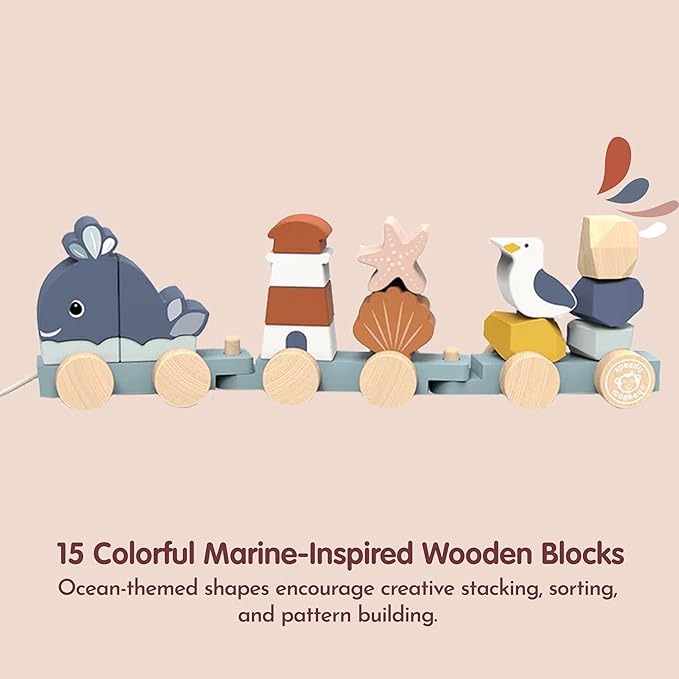 SPEEDY MONKEY Ocean Train Stacker for Toddlers 12m+ | Wooden 15 Piece Stacking & Sorting Toy | Seaside-Themed Train Pull Along for Walking & Crawling | Fine Motor & Early Learning Gift for Kids