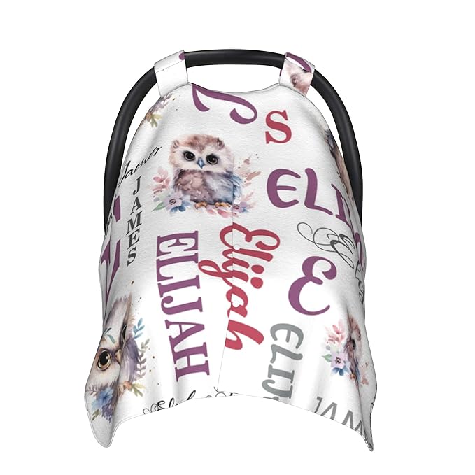 Personalized Baby Car Seat Canopy Minky Owl Baby Blanket Custom Name Baby Car Seat Cover Girls Boys Infant Newborn Carseat Canopy Nursing Cover for Stroller Car Seat Canopies