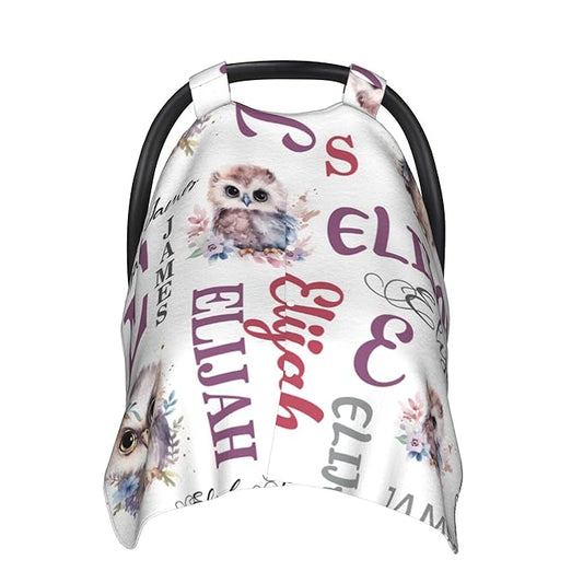Personalized Baby Car Seat Canopy Minky Owl Baby Blanket Custom Name Baby Car Seat Cover Girls Boys Infant Newborn Carseat Canopy Nursing Cover for Stroller Car Seat Canopies