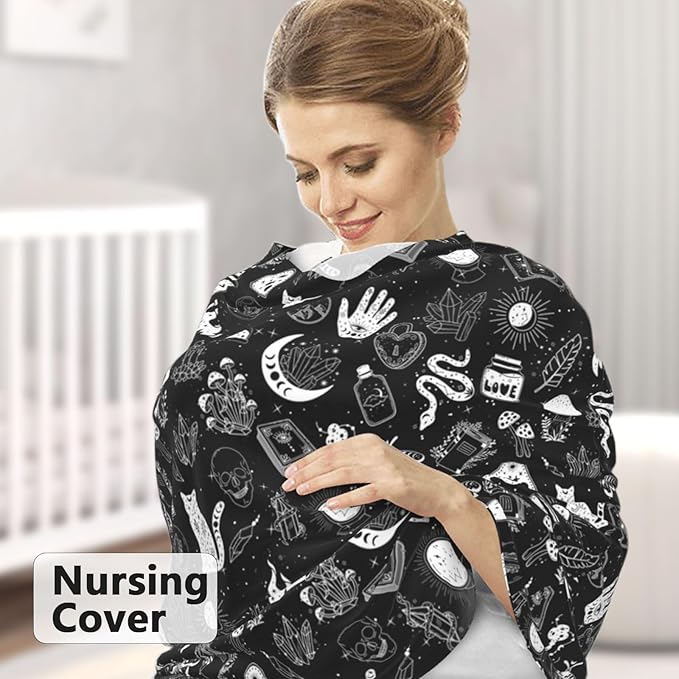 Goth Carseat Covers Baby, Gothic Winter Carseat Cover for Baby, Minky Baby Car Seat Cover for Boy & Girl, Peekaboo Opening Car Seat Canopy for Newborn, Multi Use Mom Nursing Cover, Gothic