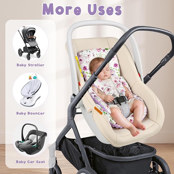 Infant Car Seat Insert Head and Body Support, GFU Reversible Newborn Insert for Carseat With Strap Pads, Soft Stroller Cushion Pillow Insert for Boys and Girls, Fits for Stroller, Swing, Purple Flower