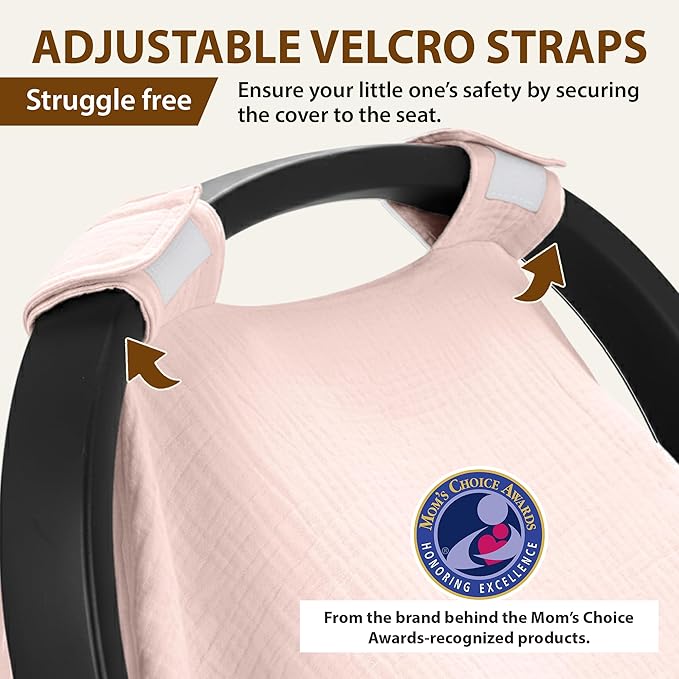 100% Organic Muslin Cotton Car Seat Cover 35 x 50 Inches Soft Touch Breathable Canopy, Protective Car Seat Cover Baby All Seasons Lightweight Car Seat Cover Travel Comfort (Pink)
