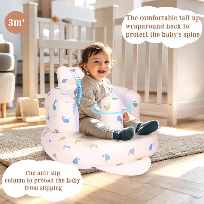 AirSwim Inflatable Baby Seat with Detachable Canopy and Built-in Pump, Inflatable Baby Chair for Babies 3 Months and Up, Sit Me Up Chair for Outdoor Indoor, Bumbo Seat for Infants, Whale