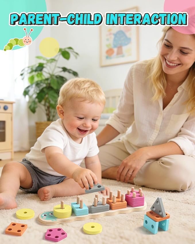 1 Year Old Boy Girl Gifts Montessori Toys for 1 2 Year Old Caterpillar Wooden Shape Sorter Stacking Toys for Toddlers 1-3 Educational Preschool Learning Toy Easter Basket Stuffers Birthday Gift