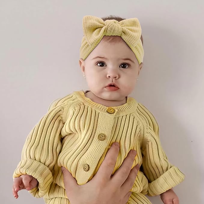 Handmade Hairbands with Bows, 4'' Baby Girls Headbands, Soft Hair Accessories for Infant Toddler, 3Pcs Dark Coffee Light Coffee Yellow