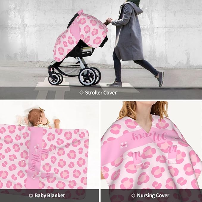 Custom Baby Car Seat Cover with Name – Personalized Leopard Print Nursing Cover, Infant Carseat Canopy, Shopping Cart Cover – Soft, Breathable & Warm – Ideal Shower Gift for Baby Girls
