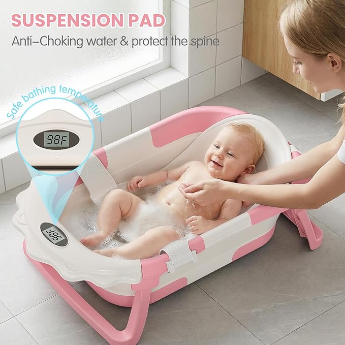 TPN 4-in-1 Grow-with-Me Collapsible Baby Bathtub, Baby Tub for Newborns to Toddler with Soft Floating Cushion & Thermometer, Portable Baby Bath Tub, Infant Bathtub for Bath Support in Tub,Pink