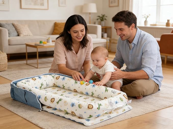 Baby Lounger for Newborns & Infants 0–24 Months, 100% Cotton Breathable Infant Support Cushion with Adjustable Size, Portable Baby Nest for Home and Travel, Baby Shower Gift (Animal World Blue)