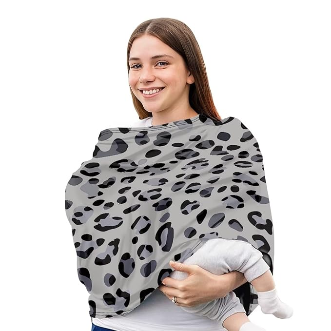 Forchrinse Grey Leopard Print Baby Car Seat Cover Soft Stretchy Breastfeeding Nursing Cover Multi Use Cover for Shopping Cart/High Chair/Stroller