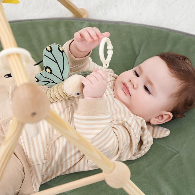 4-in-1 Wooden Baby Play Gym & Activity Mat, Soft Cotton Tummy Time Mat for Babies 0+,with 3 Detachable Toys for Sensory & Motor Skill Development,Newborn Infant Baby Essentials Gift,Leaf