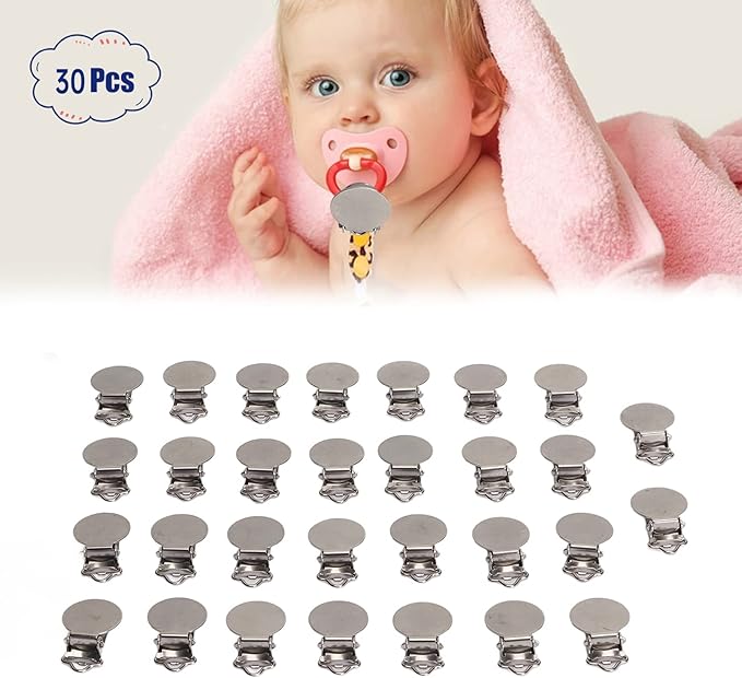 Round Pacifier Clips, Suspender Snaps,30pcs Metal Round Clips for Toddler Prevention Electroplated Stainless Steel Suspender Clips for Teething
