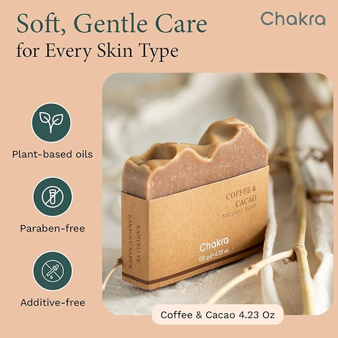Chakra Coffee & Cocoa Bar Soap - Paraben & Additive Free Handmade Soap Bar for Face, Body and Hands, Gentle Cleansing for Daily Skin Care, 4.23 oz