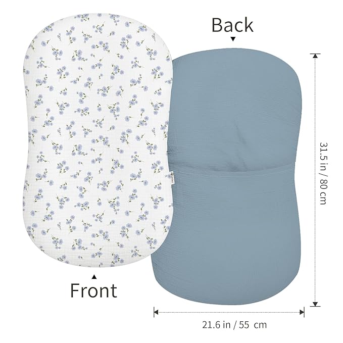Muslin Baby Lounger Cover 2 Pack, Soft Breathable Newborn Lounger Pillow Cover for Boys Girls Infant (Flower I & Light Blue)